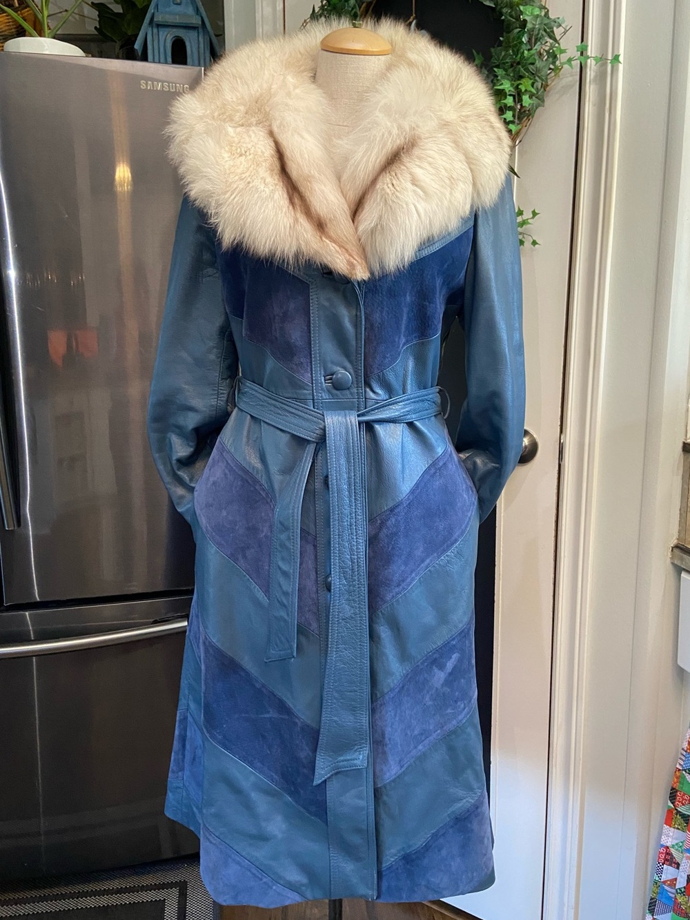 70s Dream Chevron Panel Fur Trimmed Leather Suede Combo Belted Trench Trojan